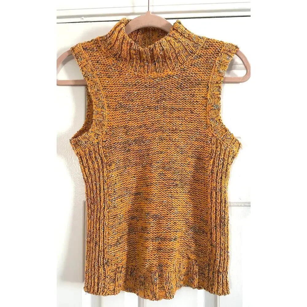 ANTHROPOLOGIE Sunrise Chunky Knit Mock Neck Sweater Vest Gold Multicolor Size XS